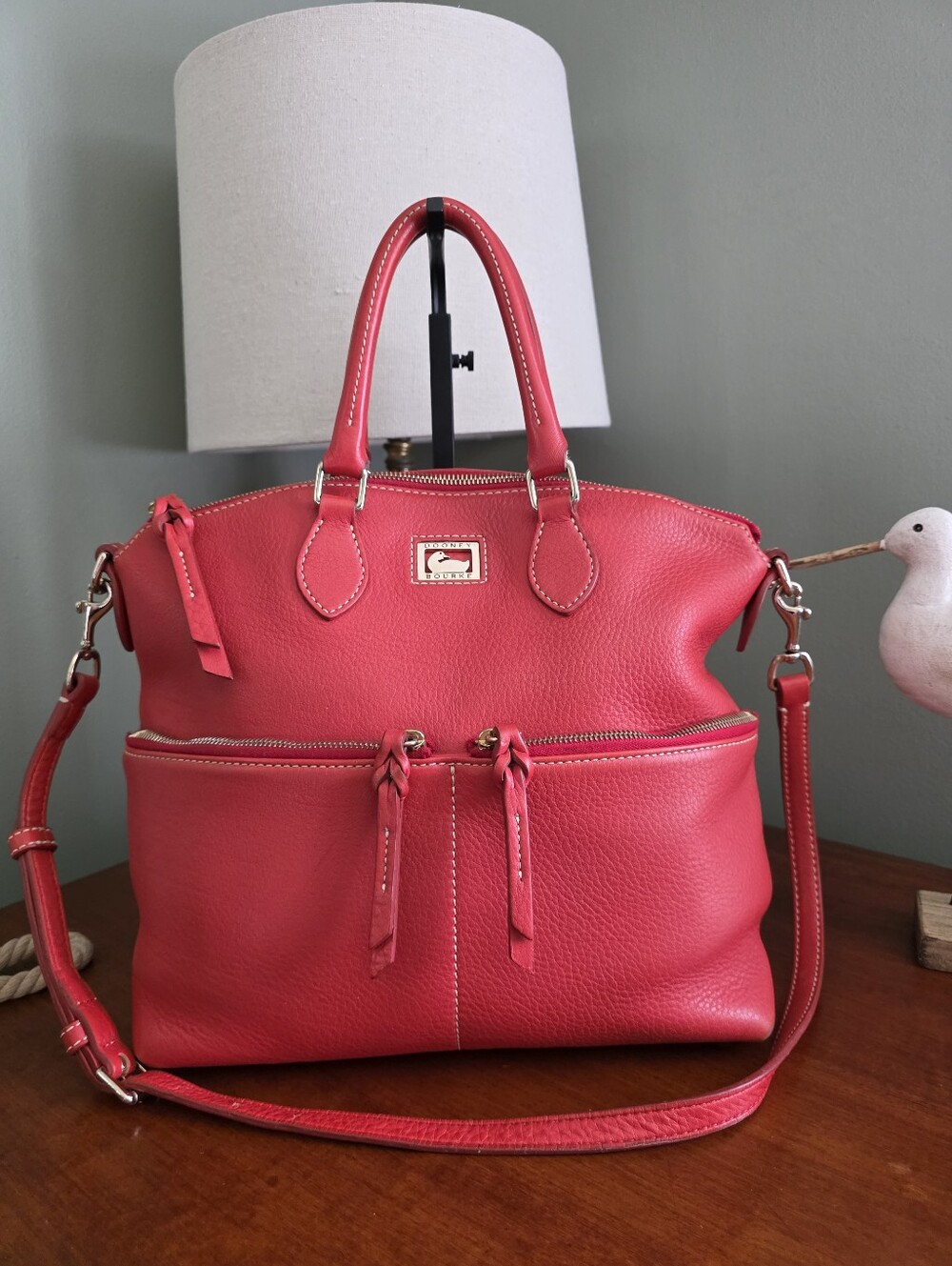 Dooney & Bourke Dillen Double Pocket Leather Satchel Bag Coral Red